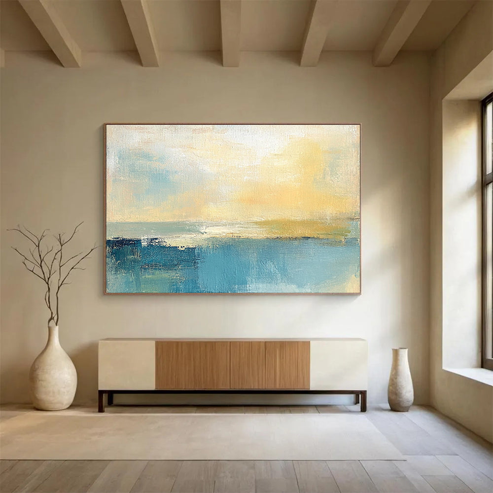 Soft Coastal Abstract Painting with Muted Blues and Yellows ABS245