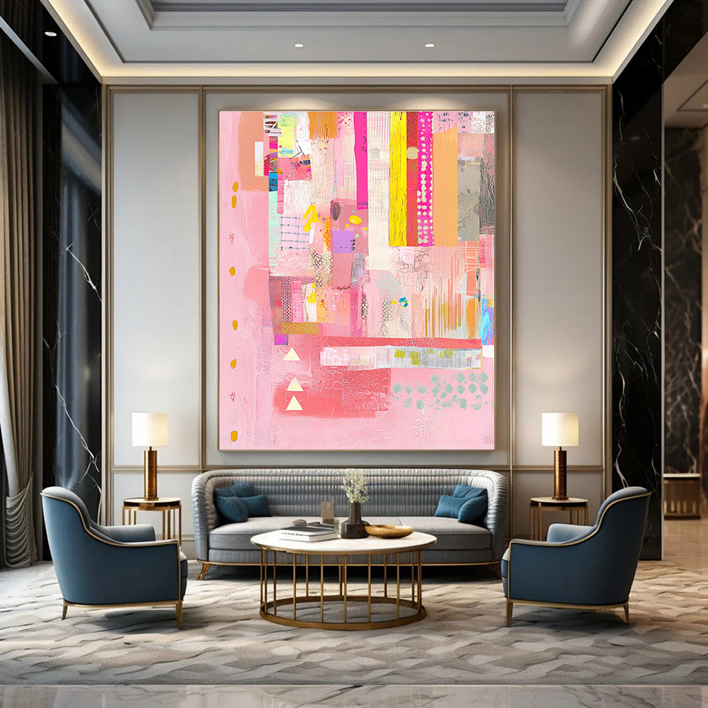 Pink Patchwork Collage Feminine Textile Abstract Painting GAB0244