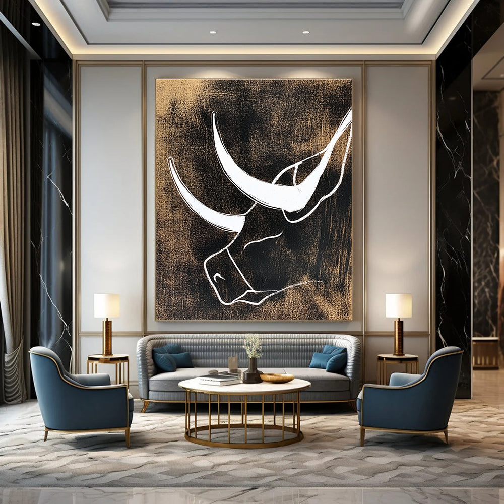 White Bull Silhouette Abstract Painting for Rustic - Chic Ranch Homes GAB1388