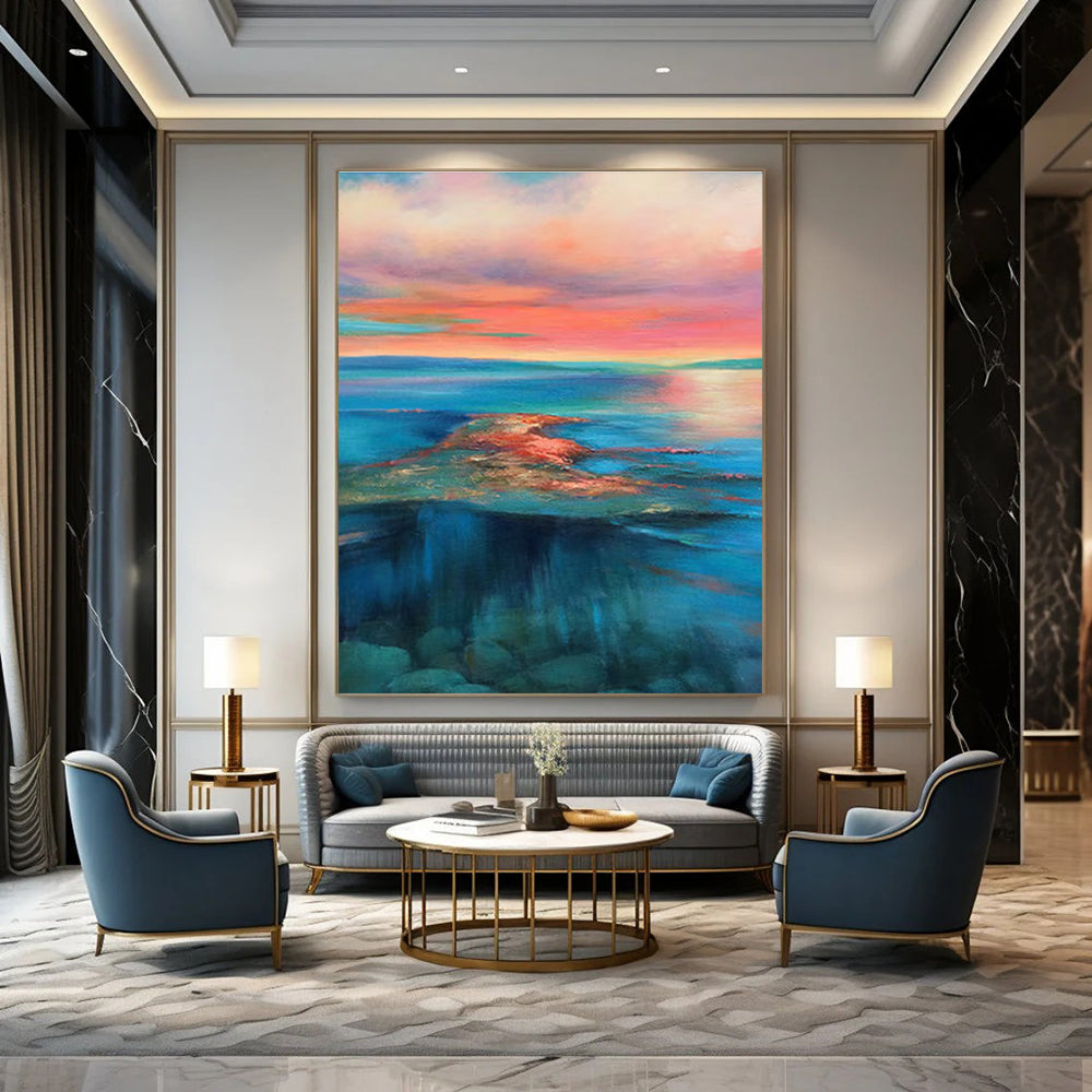 Serene Sunset Seascape Abstract Painting for Coastal Home Living Rooms HENG051