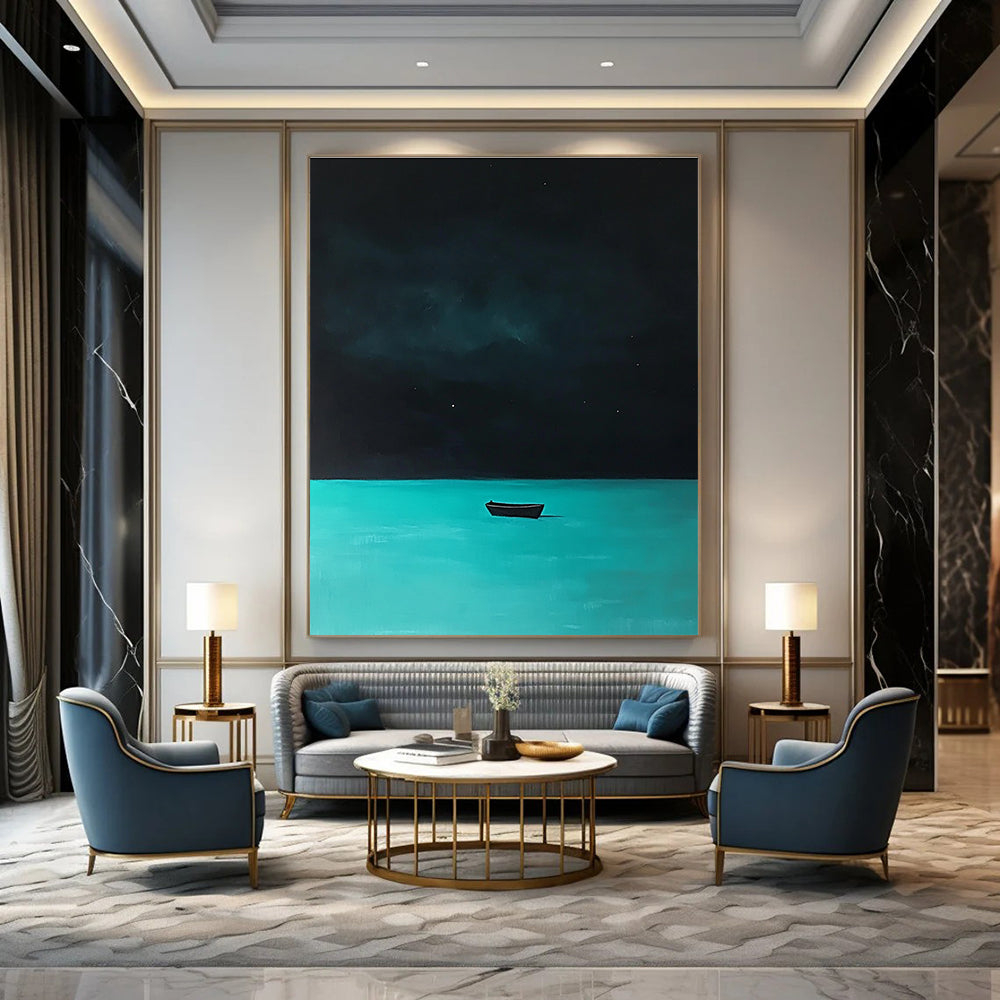 Boat on Turquoise Water at Night Mysterious Seascape Abstract Painting GAB0353