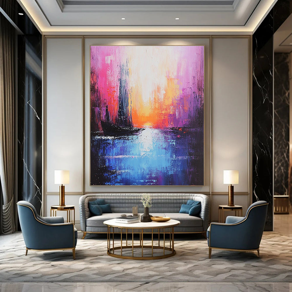 Pink Sunset Cityscape Abstract Painting for Romantic Interiors GAB0734