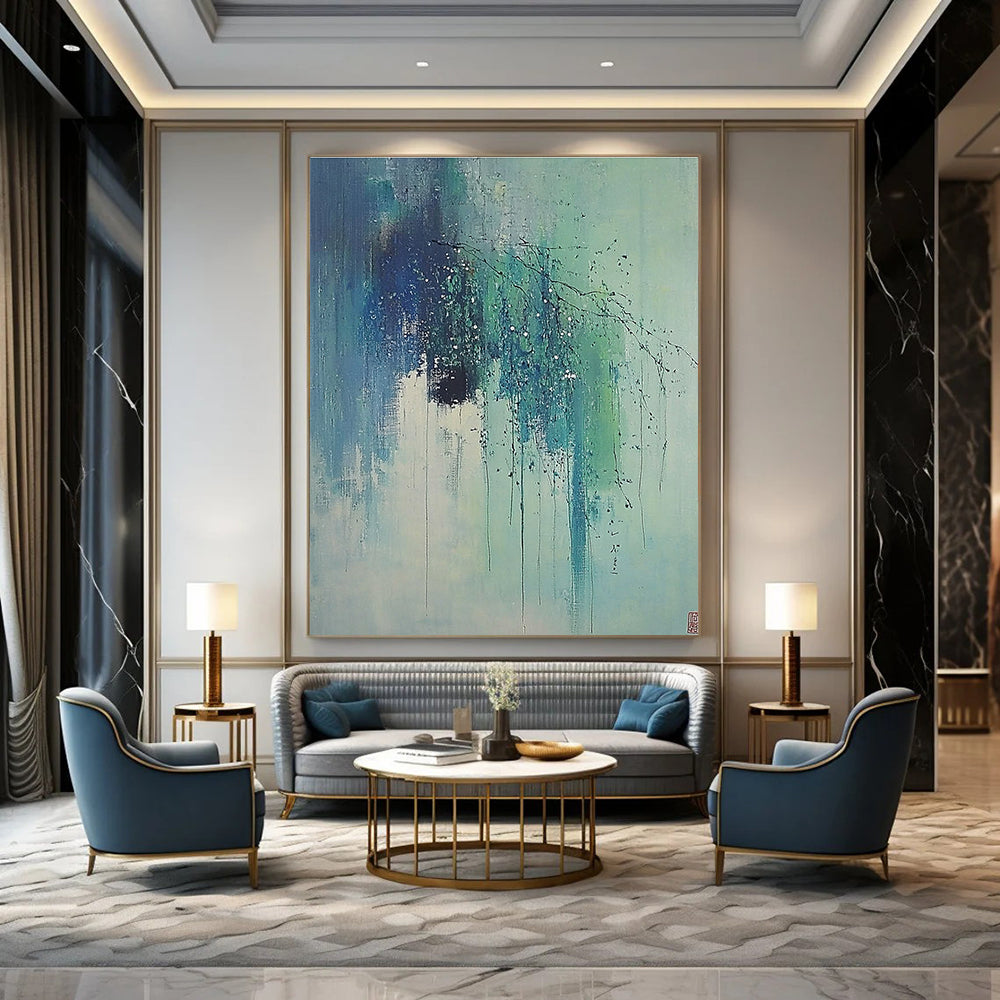 Blue and Green Dripping Branches Abstract Painting of Ethereal Nature GAB0174