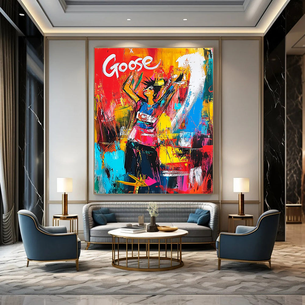 Colorful Figure with Goose Text Abstract Painting for Vibrant Event Spaces GAB1170