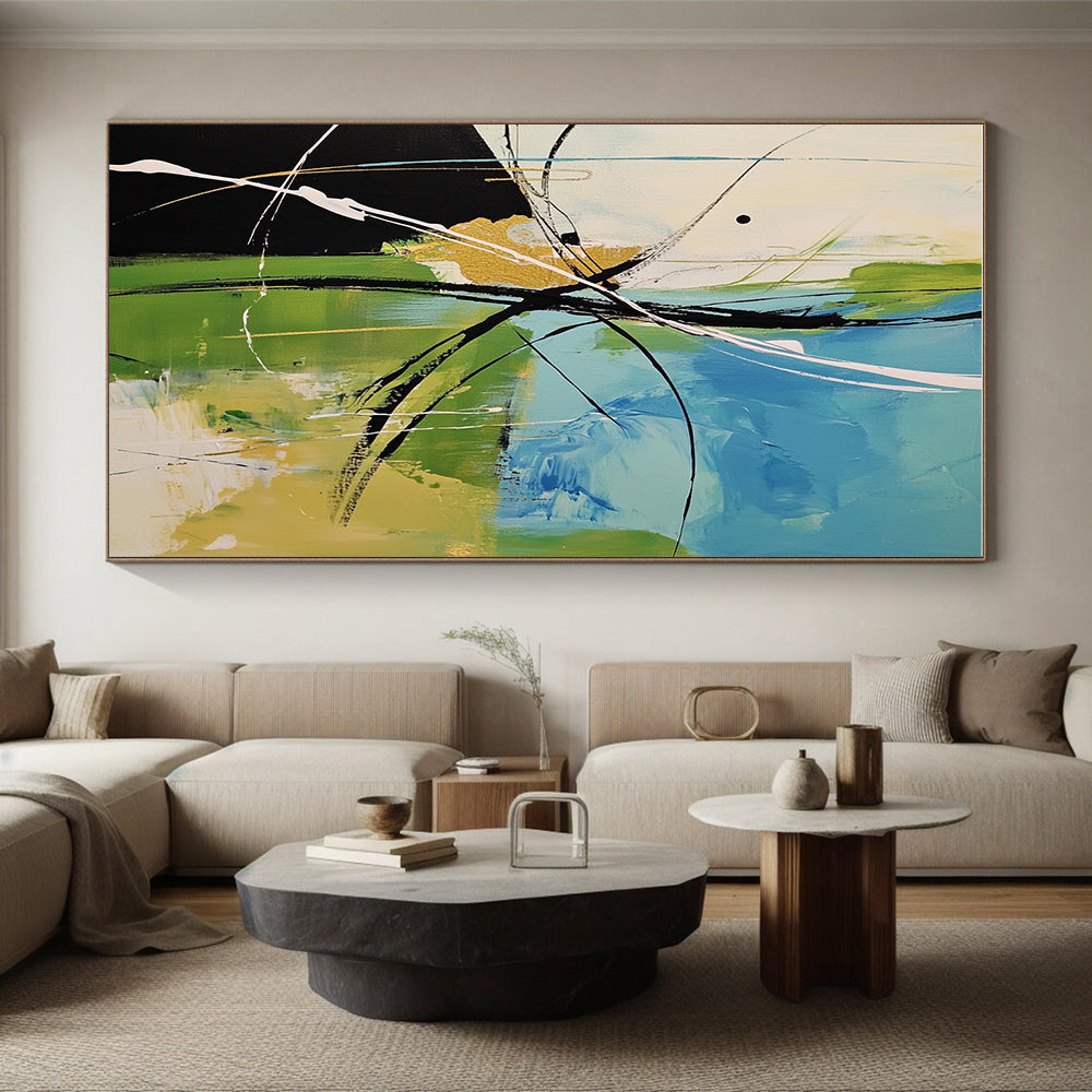 Blue Green Black Abstract Painting with Energetic Lines WINK619