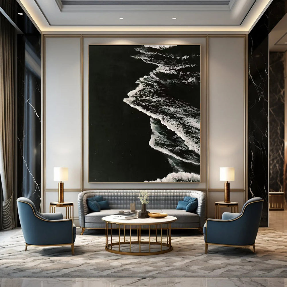 Black and White Ocean Wave Abstract Painting for Monochrome - Themed Spaces HENG349