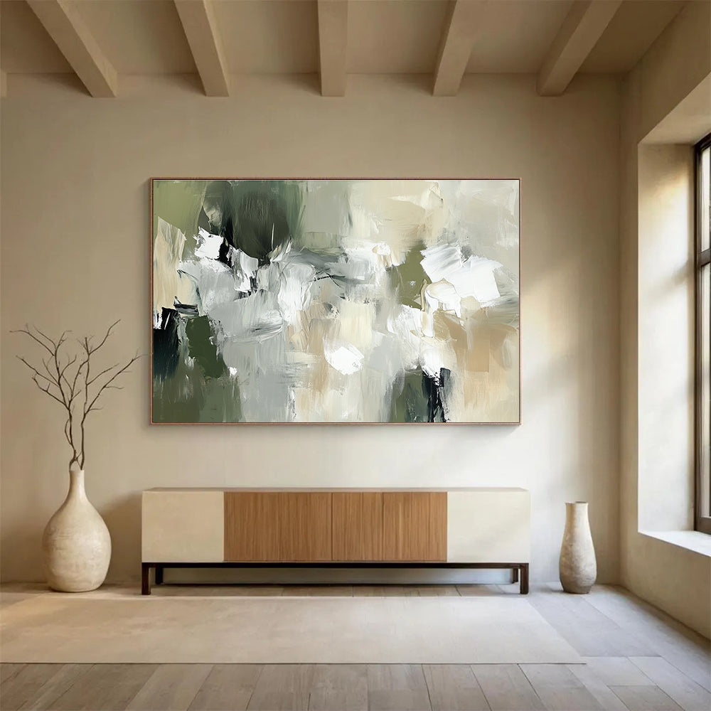 Green and Gray Abstract with Patchwork - like Forms Abstract Painting ABS376