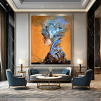 Blue and Brown Textured Portrait Abstract Painting for Sophisticated Dining Rooms HENG348