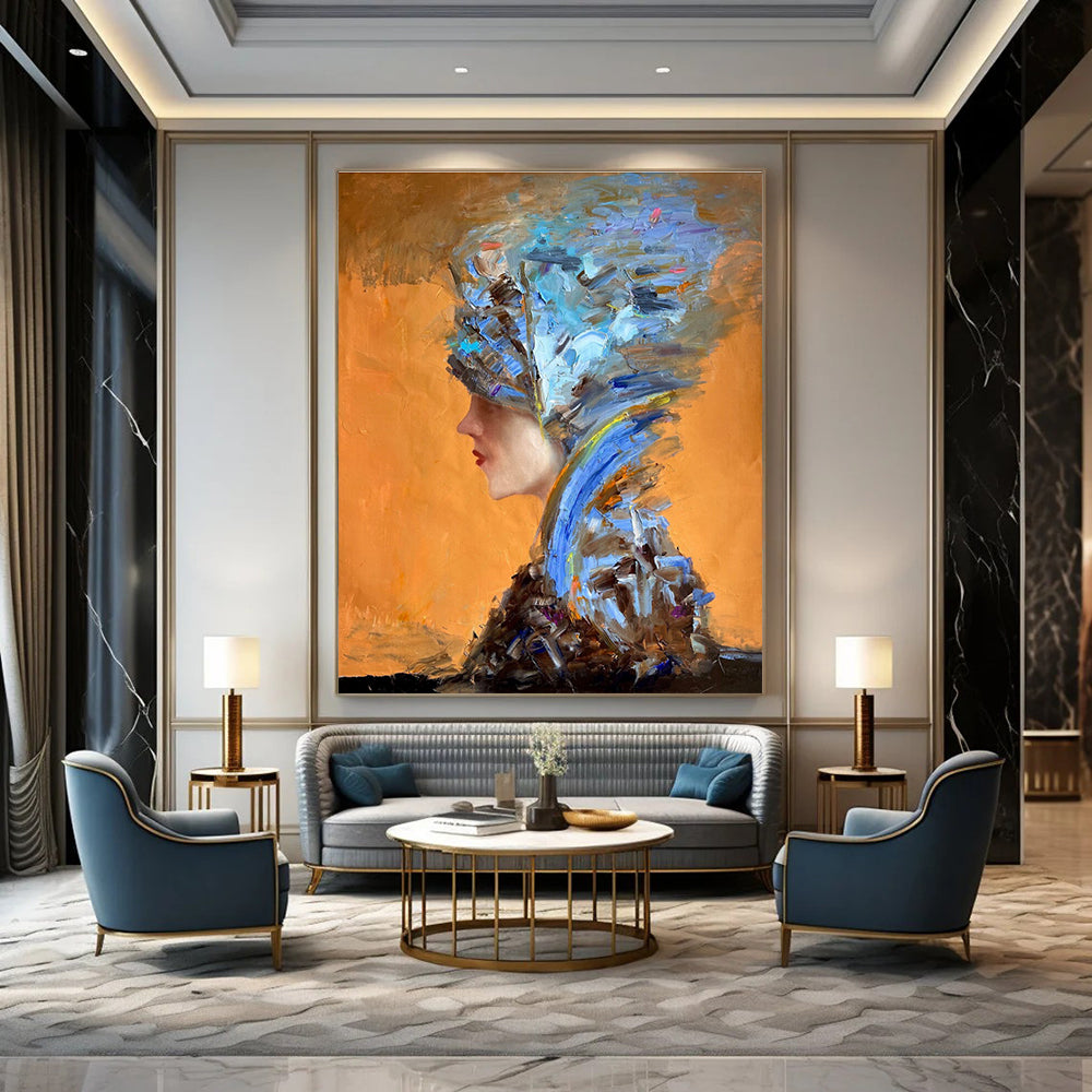Blue and Brown Textured Portrait Abstract Painting for Sophisticated Dining Rooms HENG348