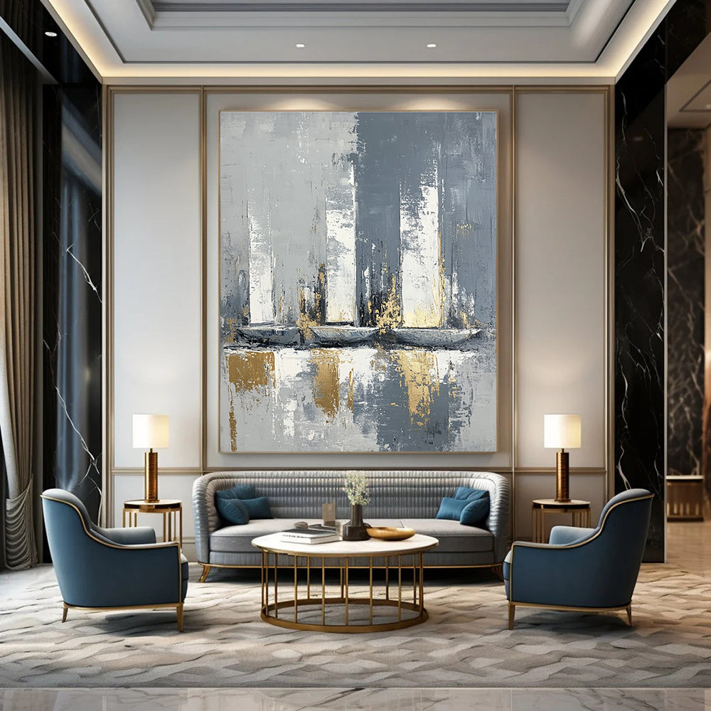Grey and Gold Abstract Sails Minimalist Painting for Modern Interiors GAB1462