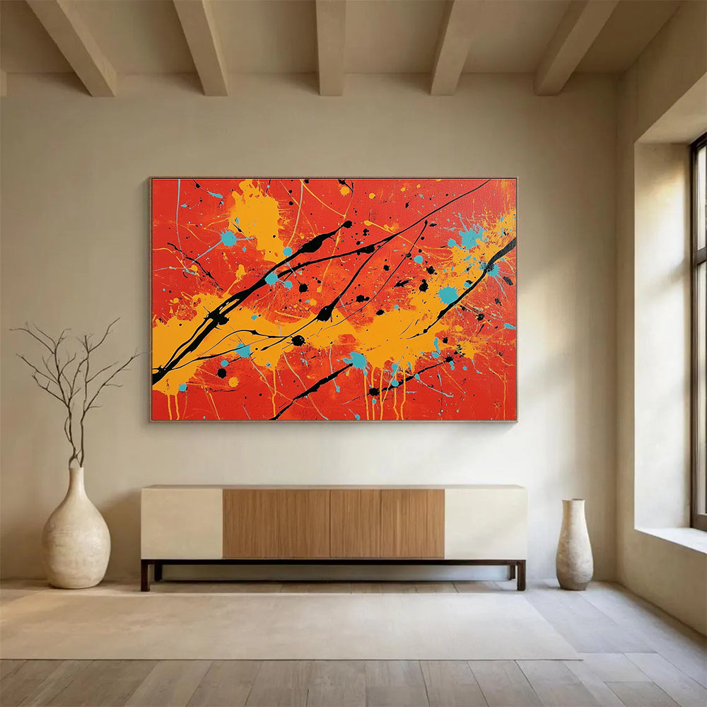 Energetic Red - Orange Splatter Expressionist Abstract Painting ABS122