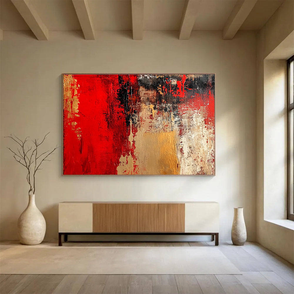 Red and Gold Abstract Painting with Rich Textural Layers ABS431