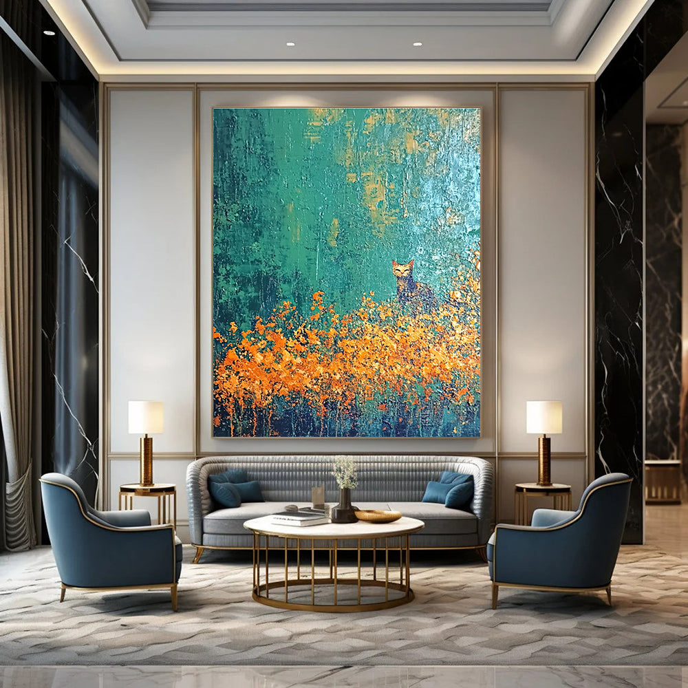 Cat in the Flower Field Enchanted Landscape Abstract Painting GAB0261