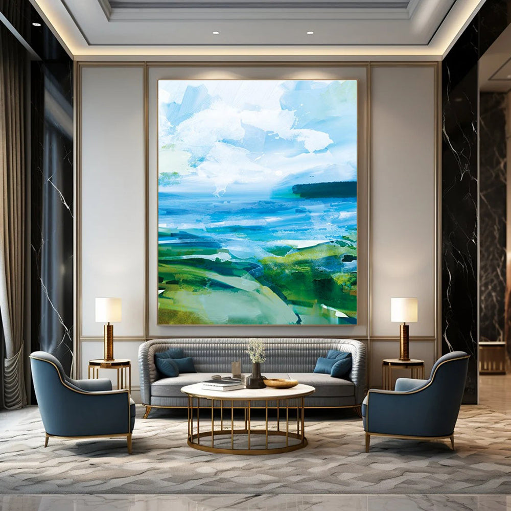 Vibrant Blue - Green Landscape Abstract Painting for Nature - Inspired Cafés HENG183