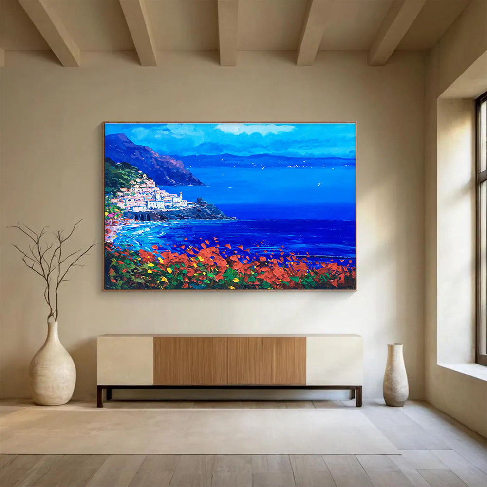 Coastal Town Night Abstract Painting for Mediterranean - Style Bars YHT434