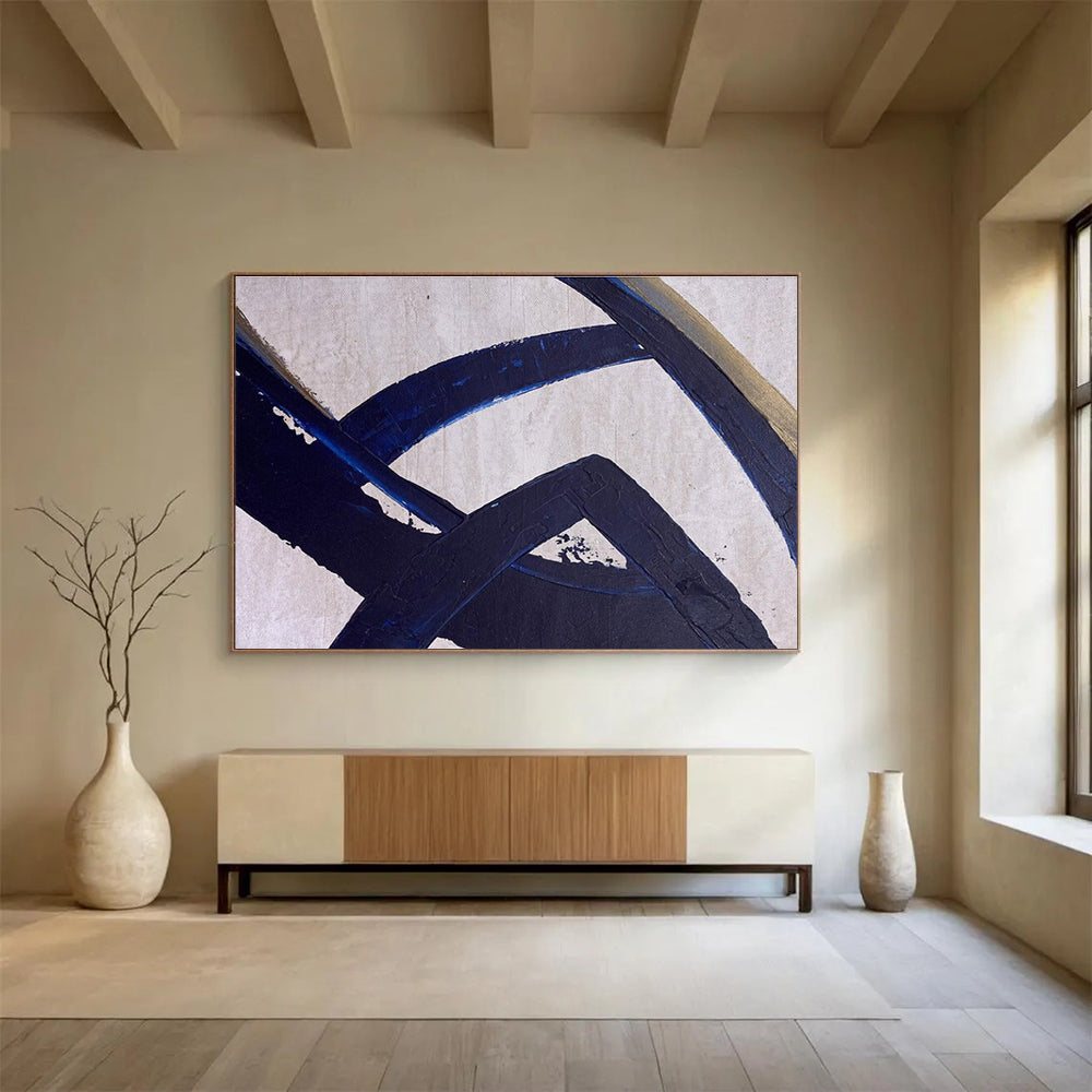 Dark Blue Abstract Lines Painting for Modern Corporate Lobbies YHT350