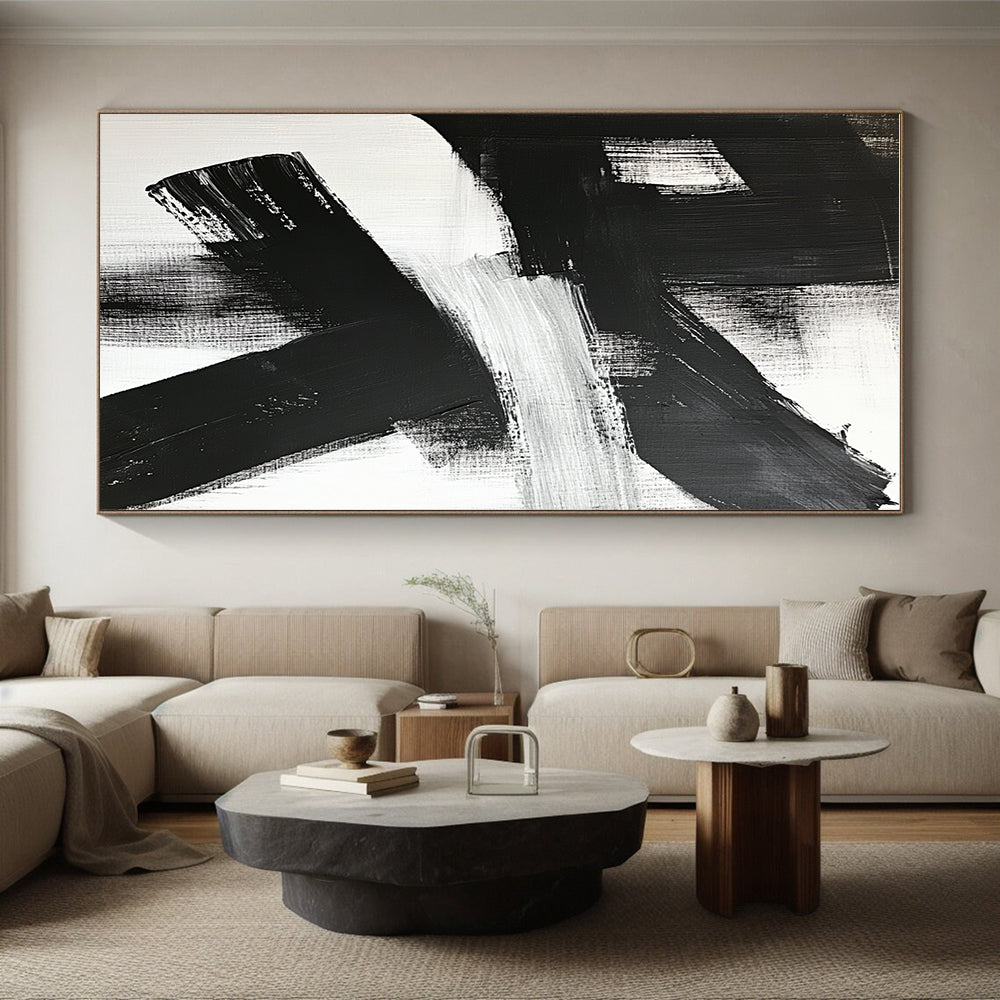 Cross - Shaped Black - White Abstract Painting with Raw Impact WINK359