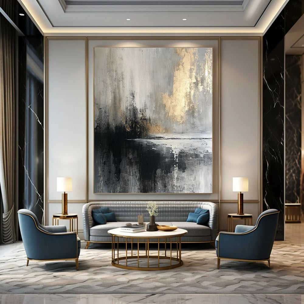 Moody Gray - Gold Abstract Painting for Sophisticated Lounges HENG067