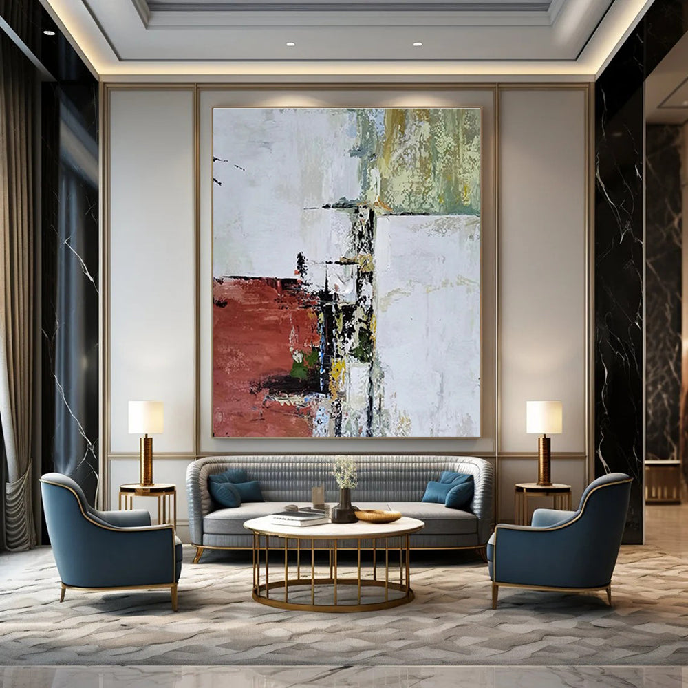 Red and White Abstract Layers Abstract Painting for Modern Art Museum Installations HENG039