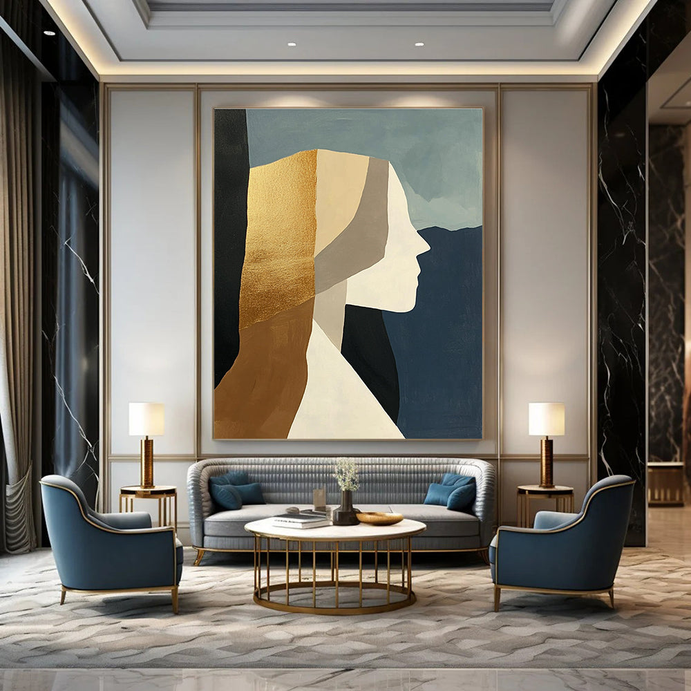 Gold - Accented Abstract Portrait Painting for Luxury Boutique Hotels GAB1155