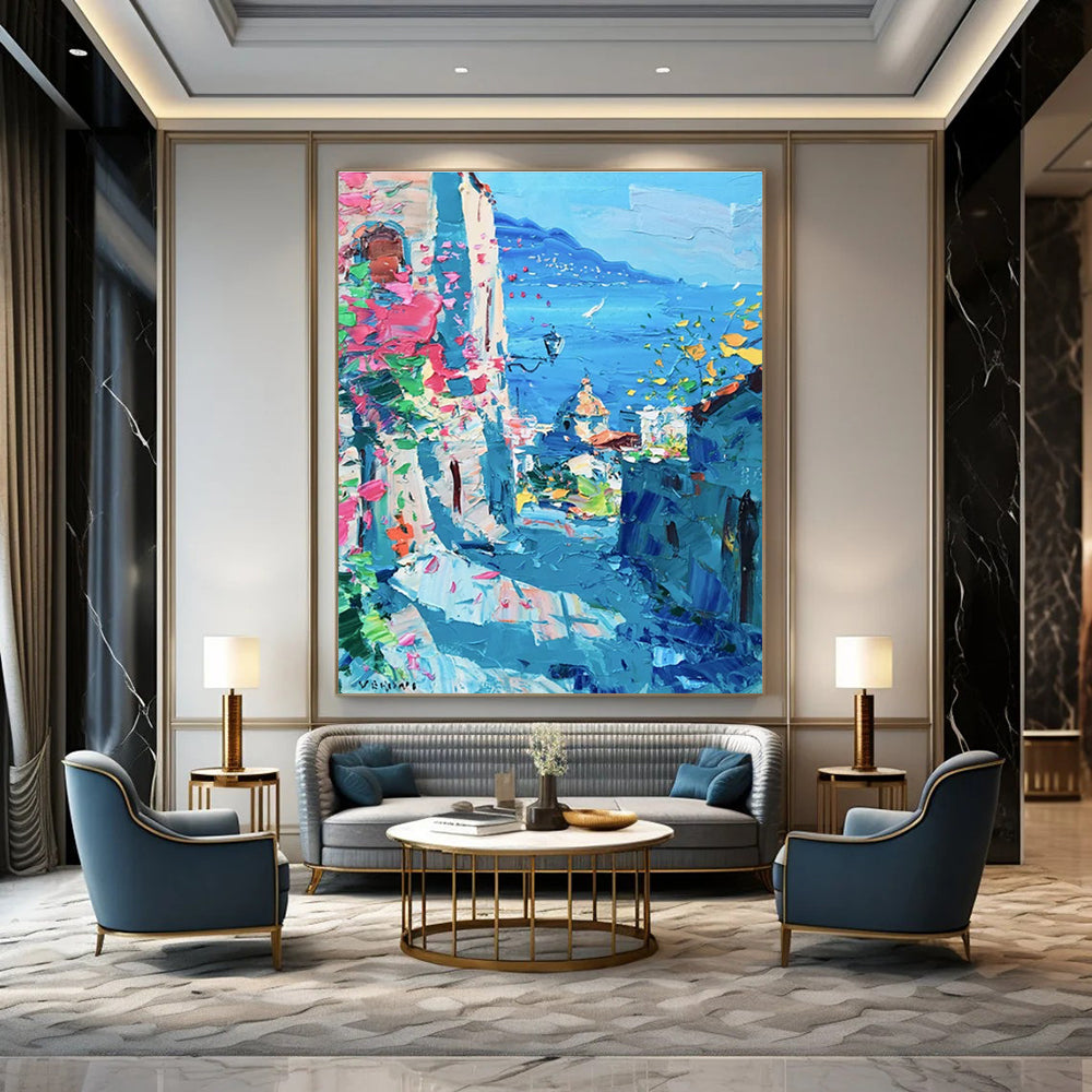Coastal Town with Flowers Abstract Painting for Mediterranean - Style Cafes HENG530