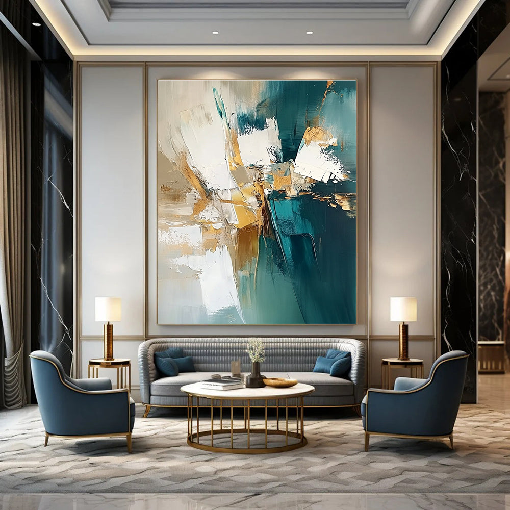 Teal and Gold Textured Abstract Painting for Coastal - Inspired Living Rooms GAB0901