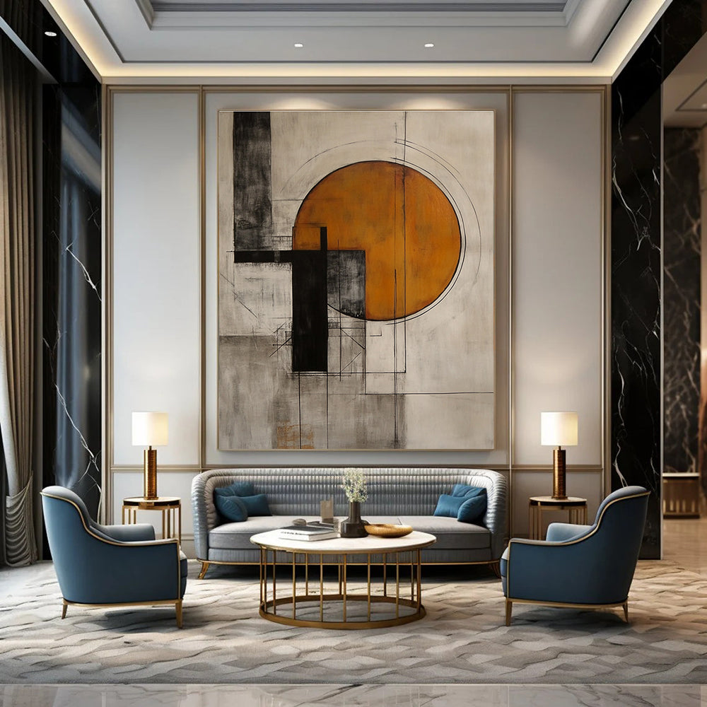 Geometric Abstract with Orange Circle Painting for Modern Offices GAB1131