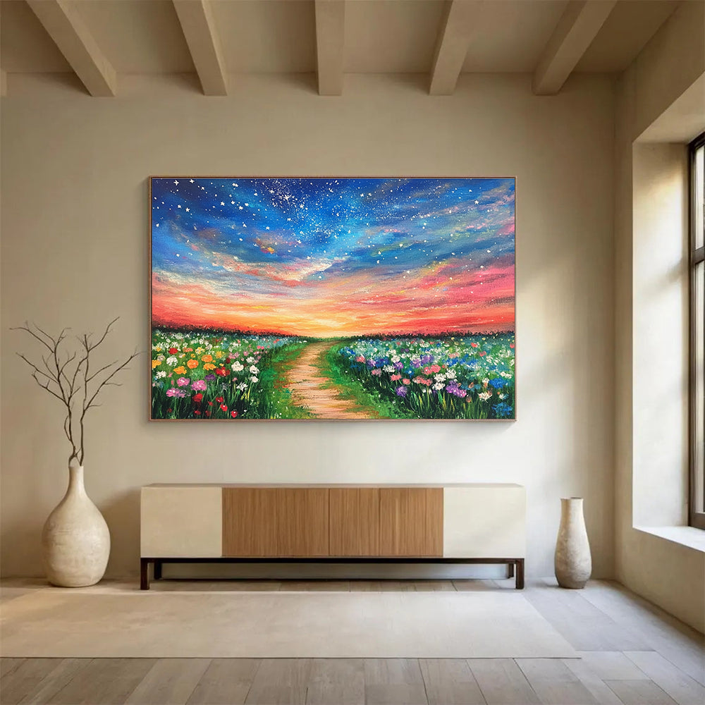 Enchanted Flower Field Path Painting with Vibrant Whimsical Charm ABS555