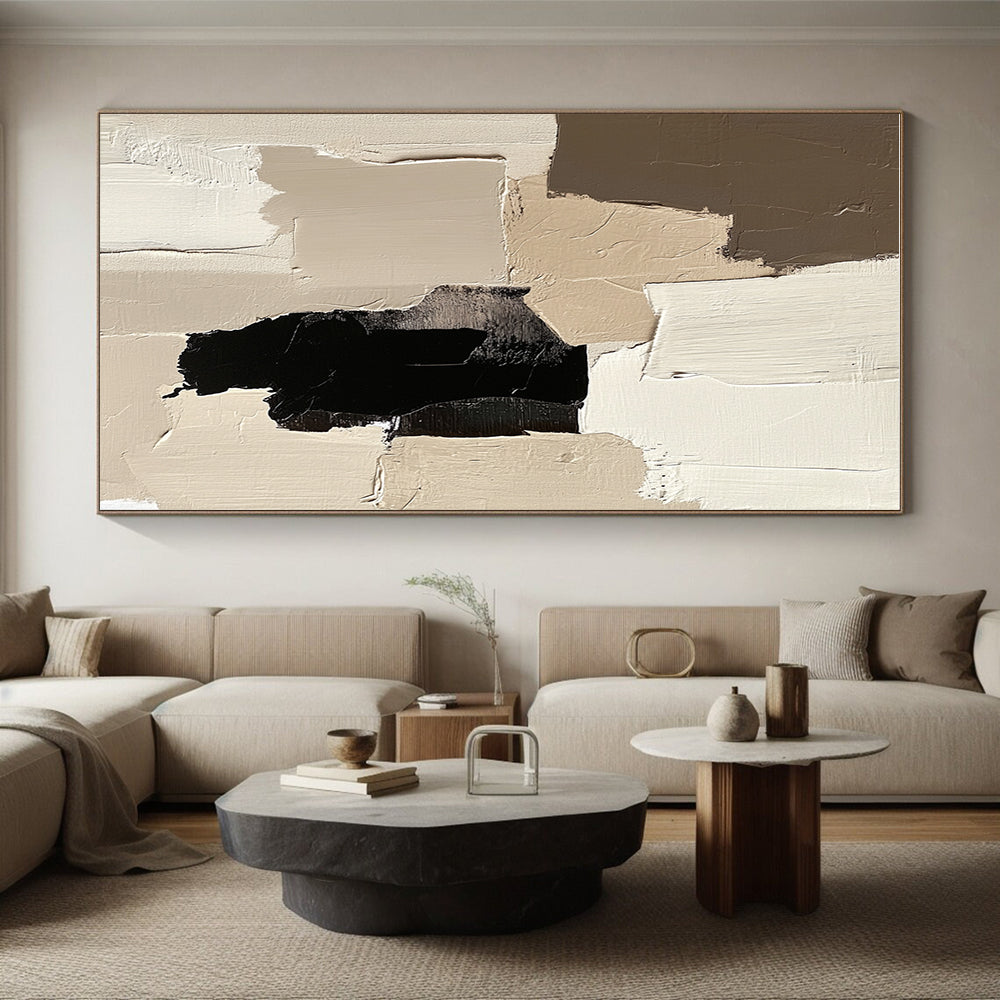 Beige Black Abstract Blocks Painting with Minimalist Depth WINK452