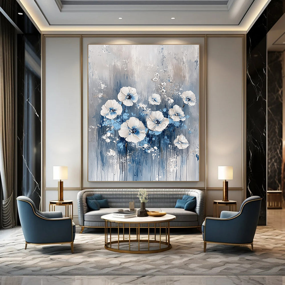 White and Blue Floral Abstract - Textured Botanical Abstract Art GAB0466