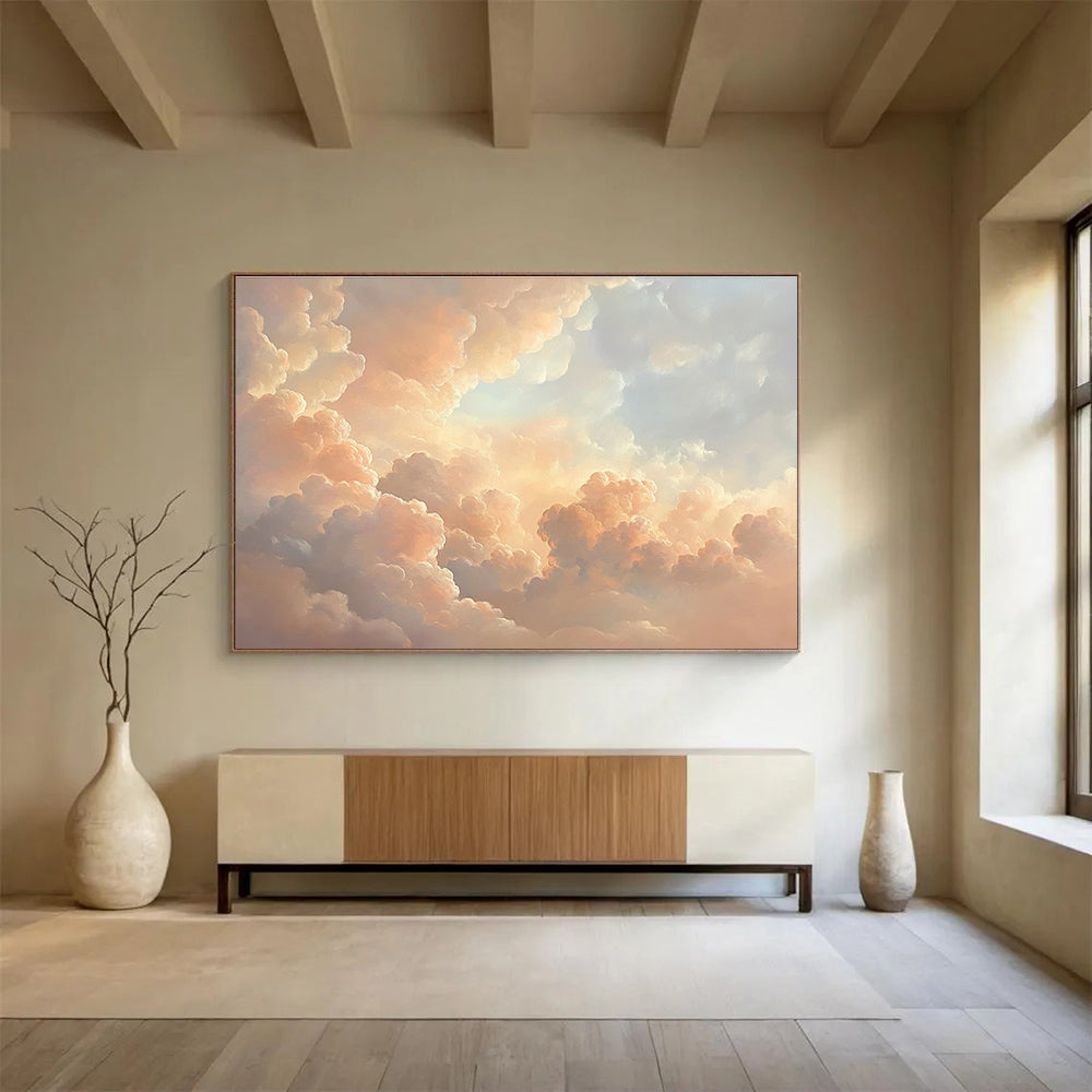 Fluffy Cloudscape in Peach Painting with Dreamy Serene Ambiance ABS564