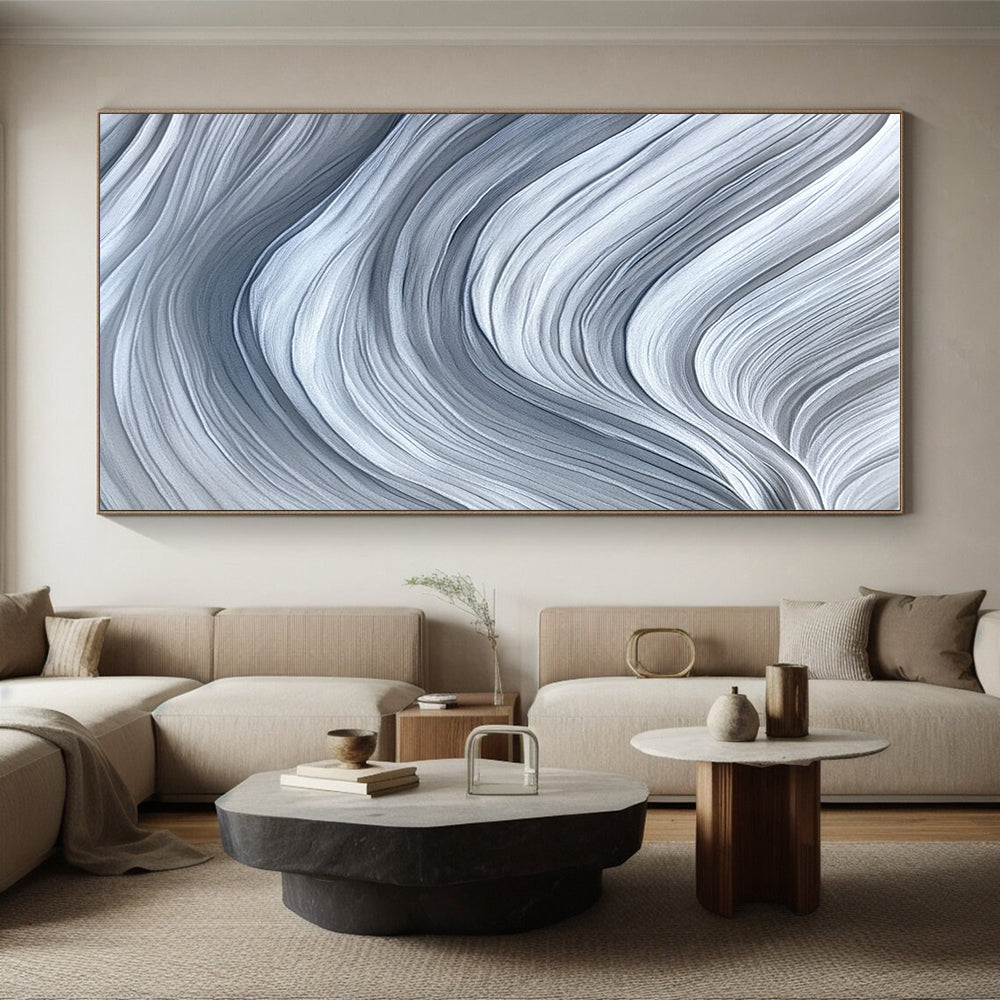 Gray and White Waves Abstract Painting with Monochromatic Flow WINK075