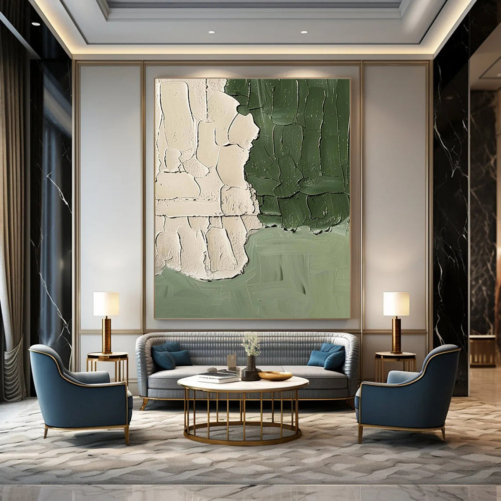 Textured Green and Beige Abstract Painting for Minimalist Bedrooms HENG501