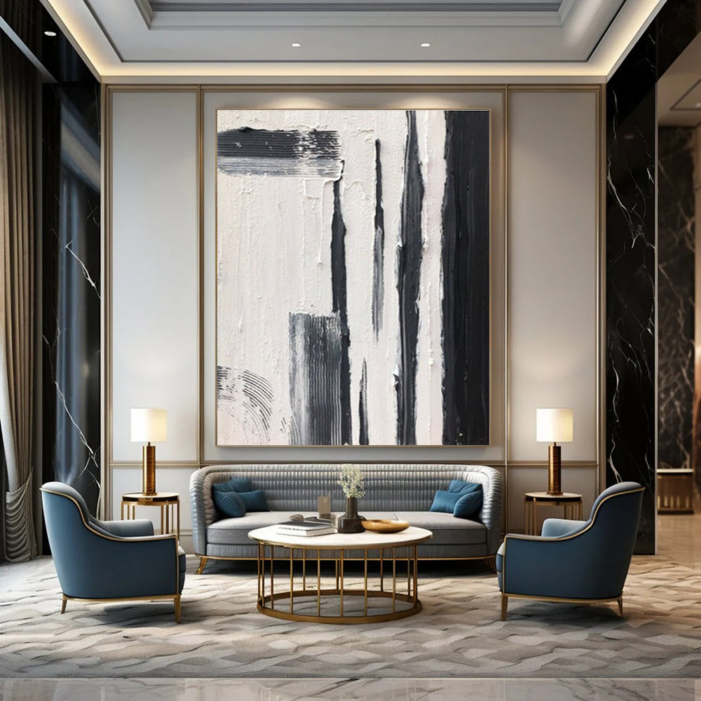 Black and White Textured Vertical Strokes Abstract Painting for Contemporary Entrances HENG367