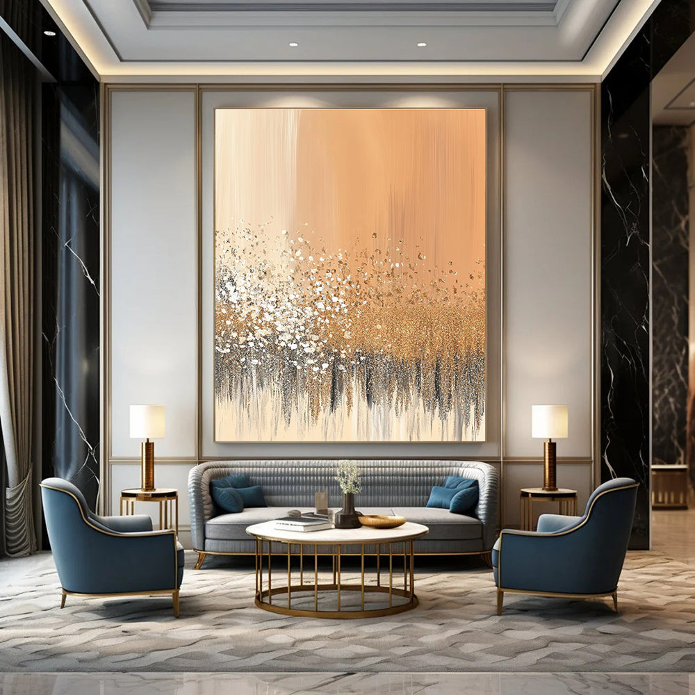 Golden Glitter on Peach Abstract Painting of Luxurious Sparkle GAB0114