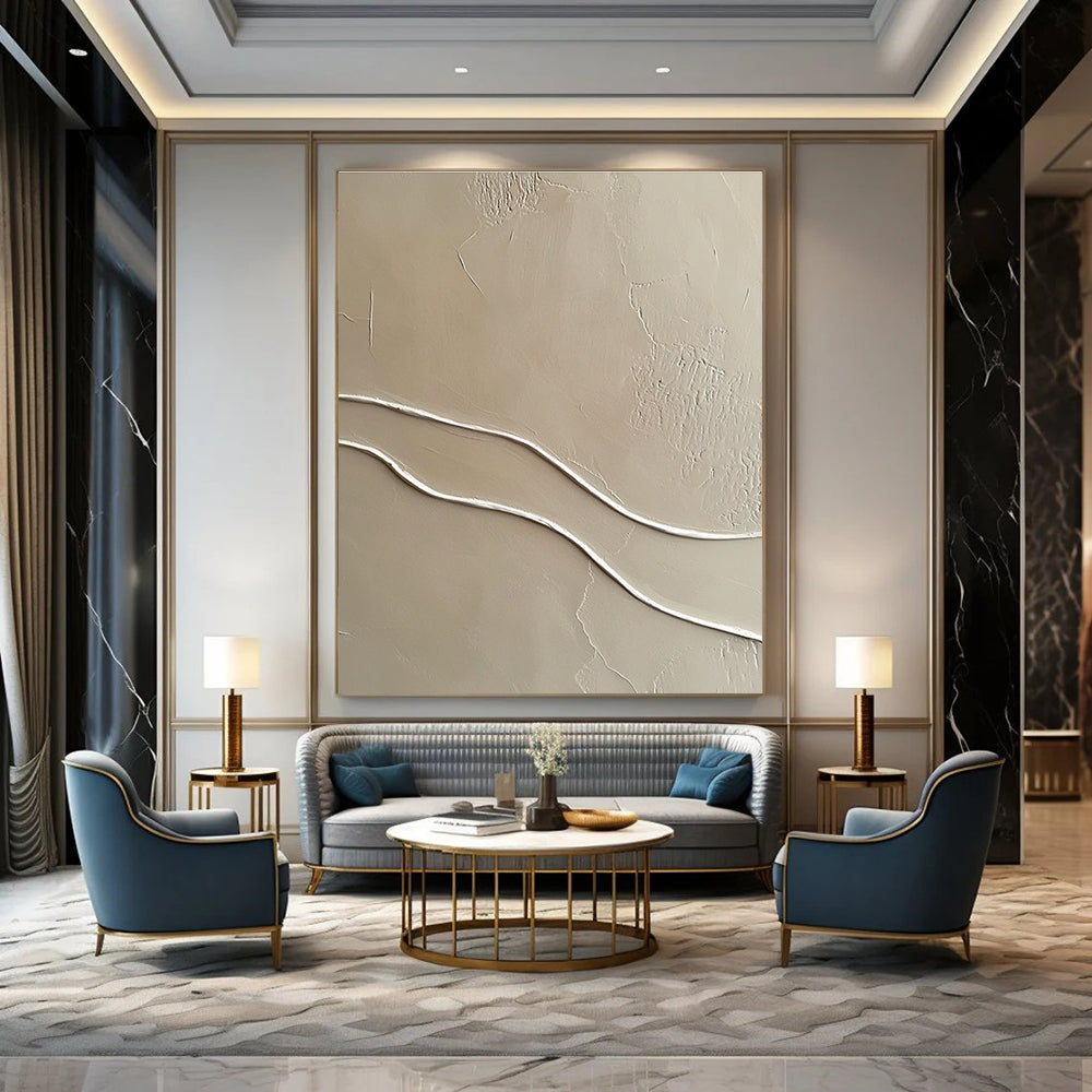 Beige with White Curved Lines Abstract Painting with Subtle Textures GAB0065