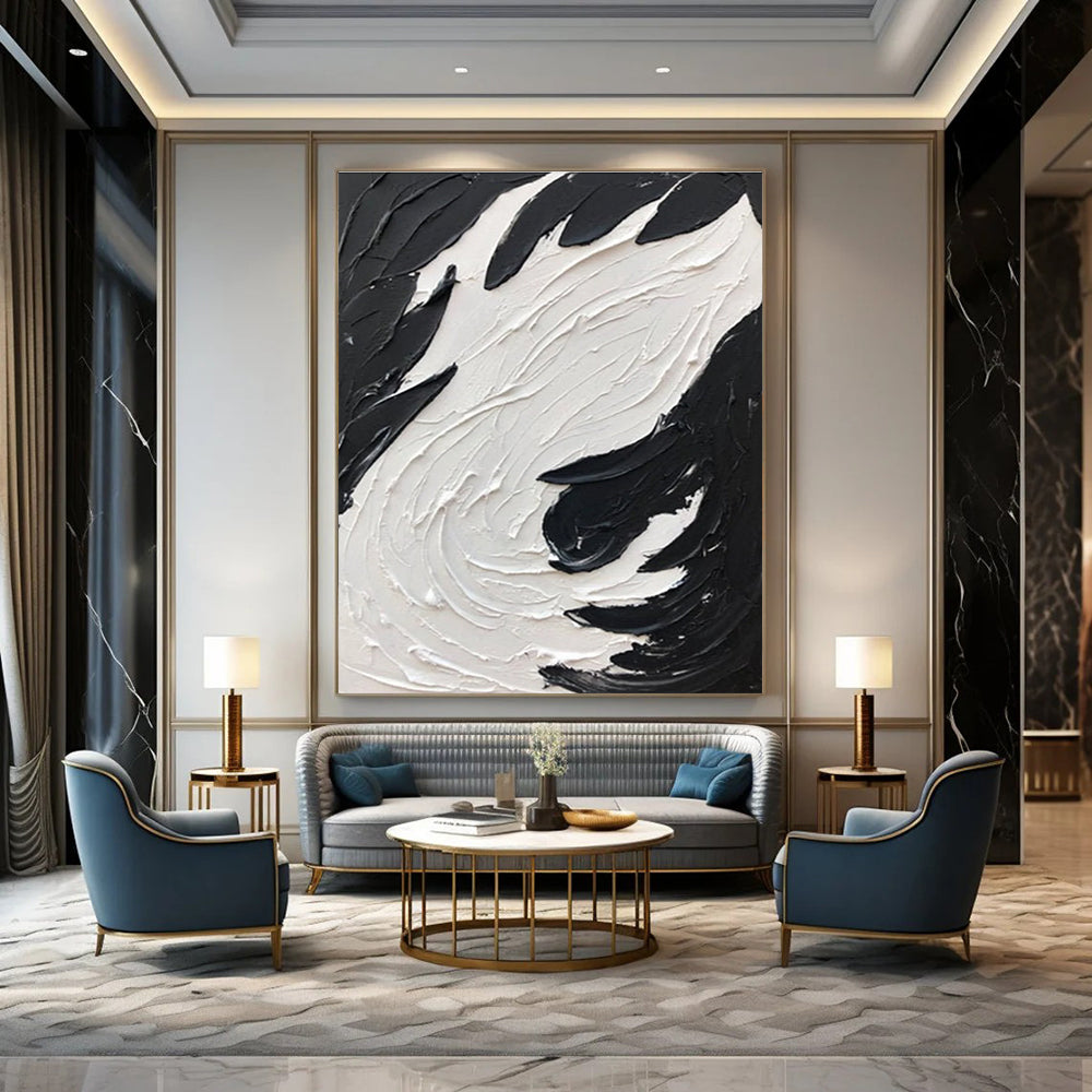 Black - White Swirl Textured Art Abstract Painting for Bold Interiors HENG398