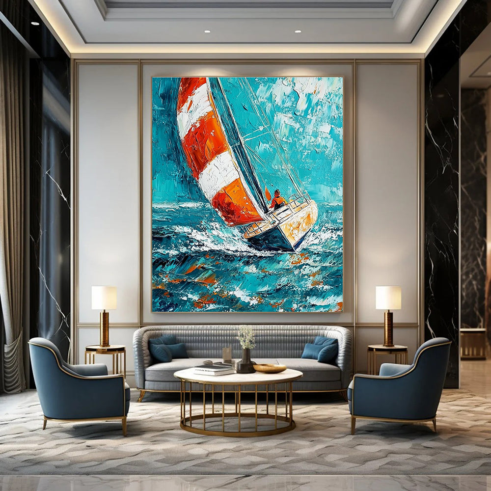 Sailing Boat in Blue Sea Dynamic Abstract Painting for Nautical Enthusiasts GAB1461