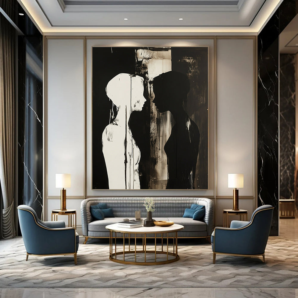 Black and White Silhouettes Emotional Abstract Painting for Introspective Spaces GAB1495