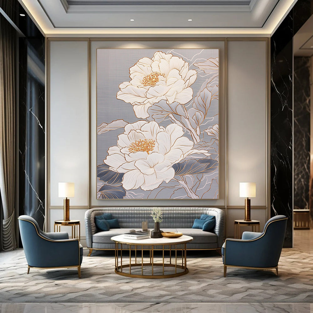 White Peonies with Gold Elegant Abstract Painting for Luxury Spaces GAB1478