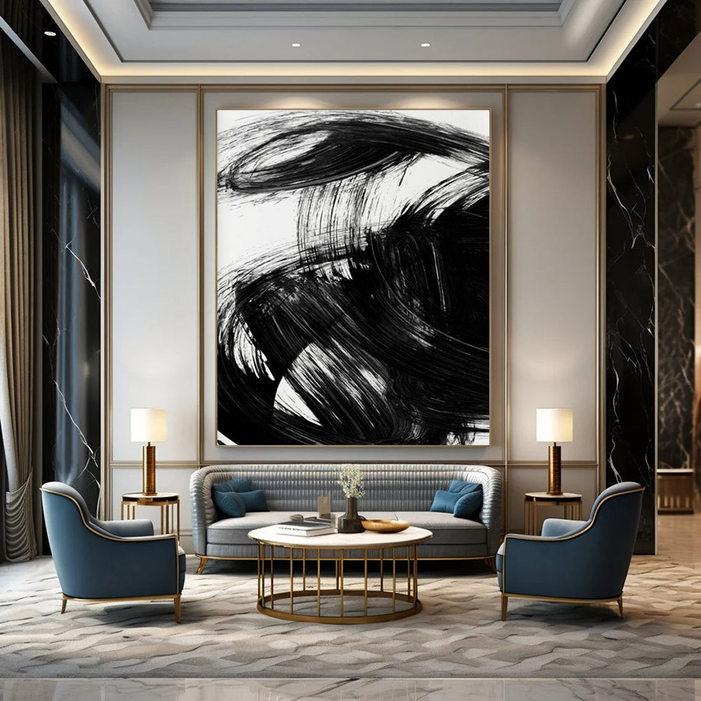 Bold Black Ink Abstract Painting for Zen - Inspired Meditation Spaces HENG195