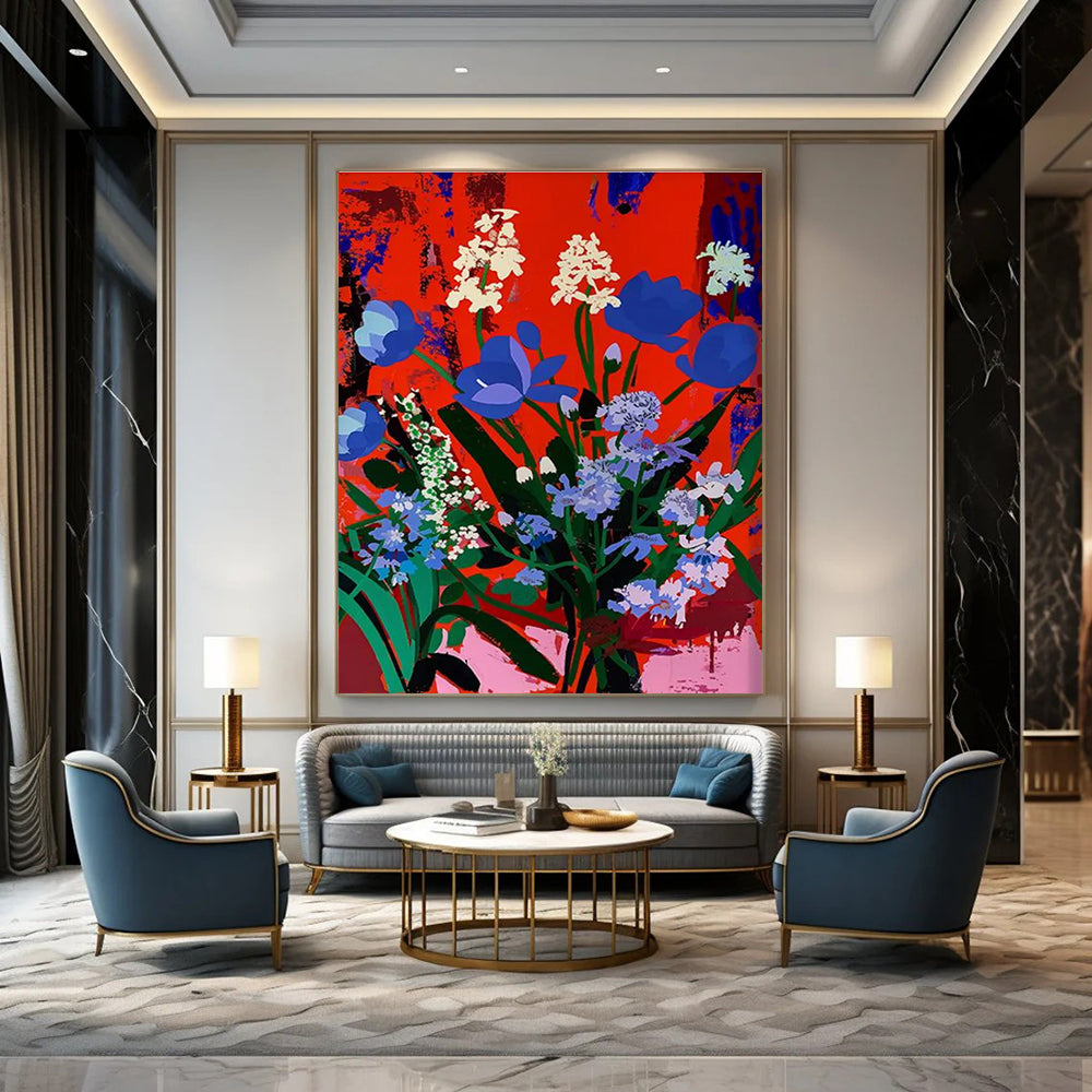 Blue and White Blooms Abstract Painting for Elegant Dining Spaces HENG101