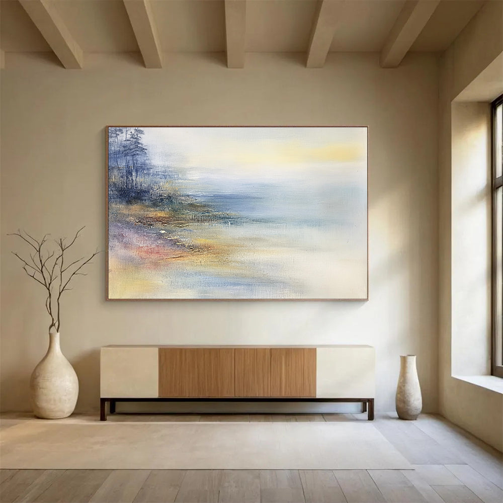 Misty Lakeside Abstract Painting with Soft Hues ABS269