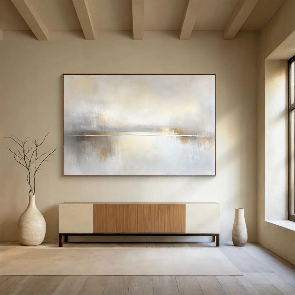 Golden Stripe Lake Abstract Painting with Subtle Elegance ABS295