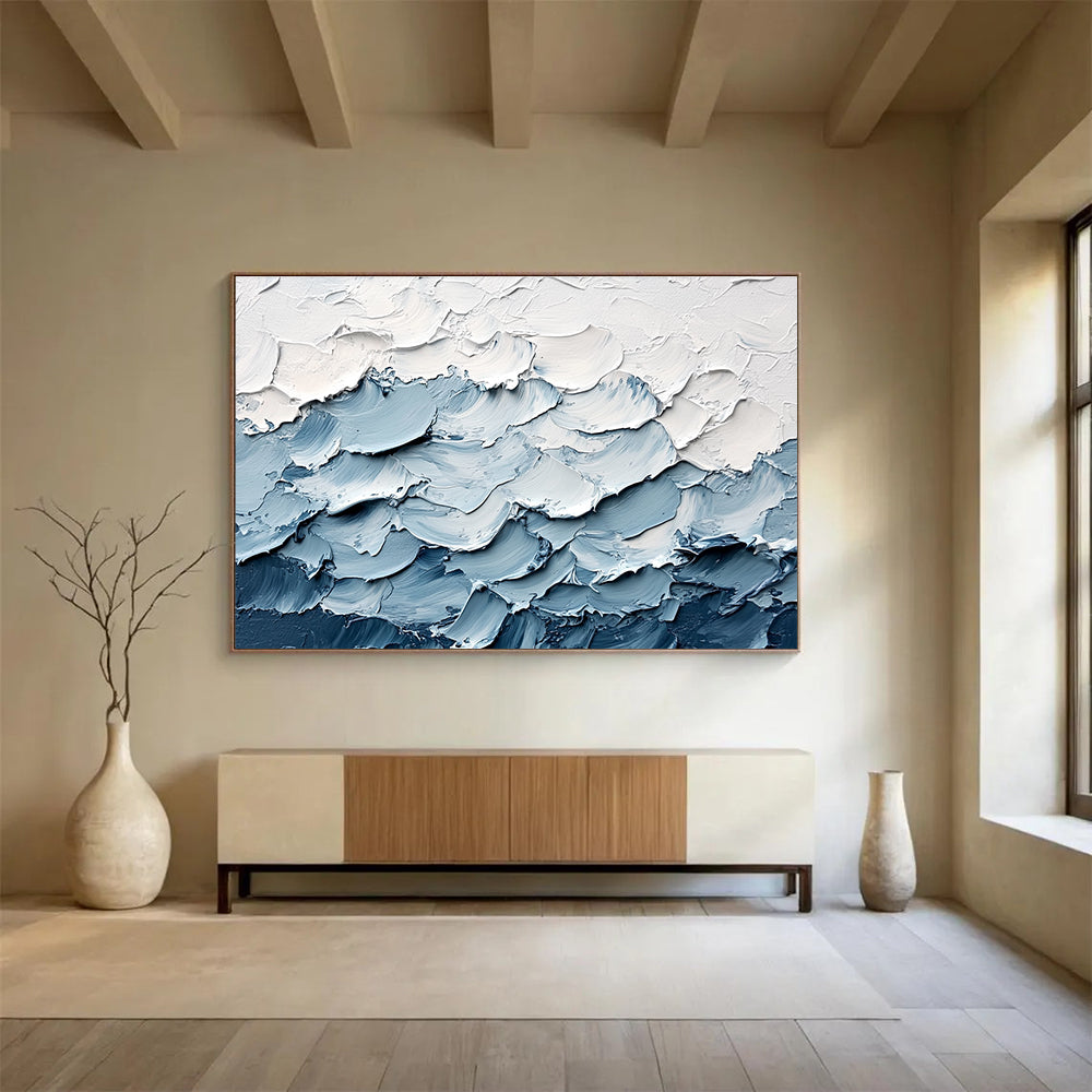 Textured Blue and White Waves with Thick Impasto Abstract Painting ABS364