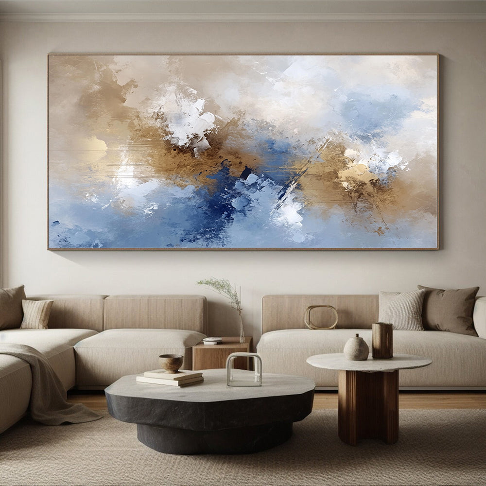 Blue Gold White Abstract Painting with Flowing Elegance WINK662