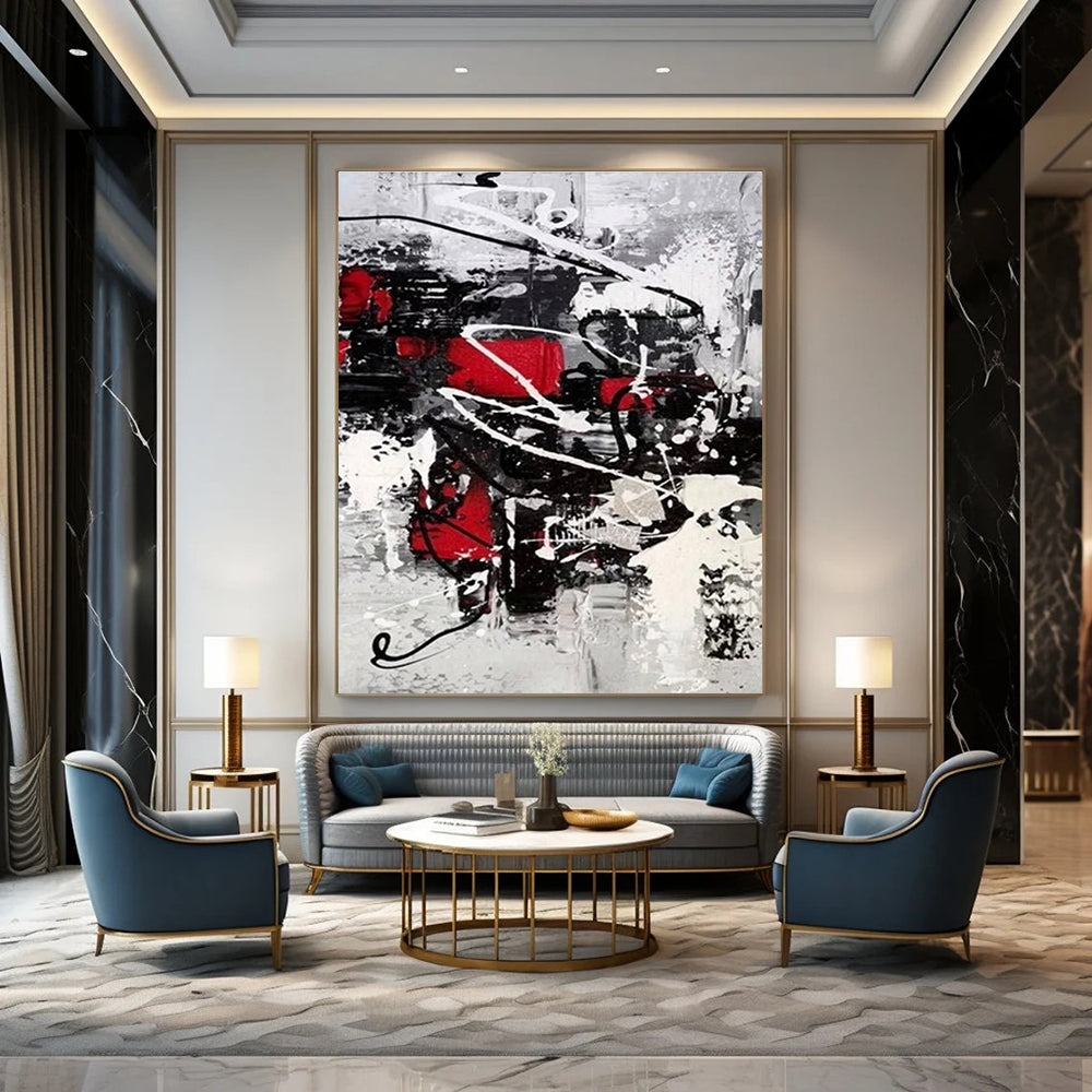 Red - Black - White Dynamic Abstract Painting for Creative Studios HENG383