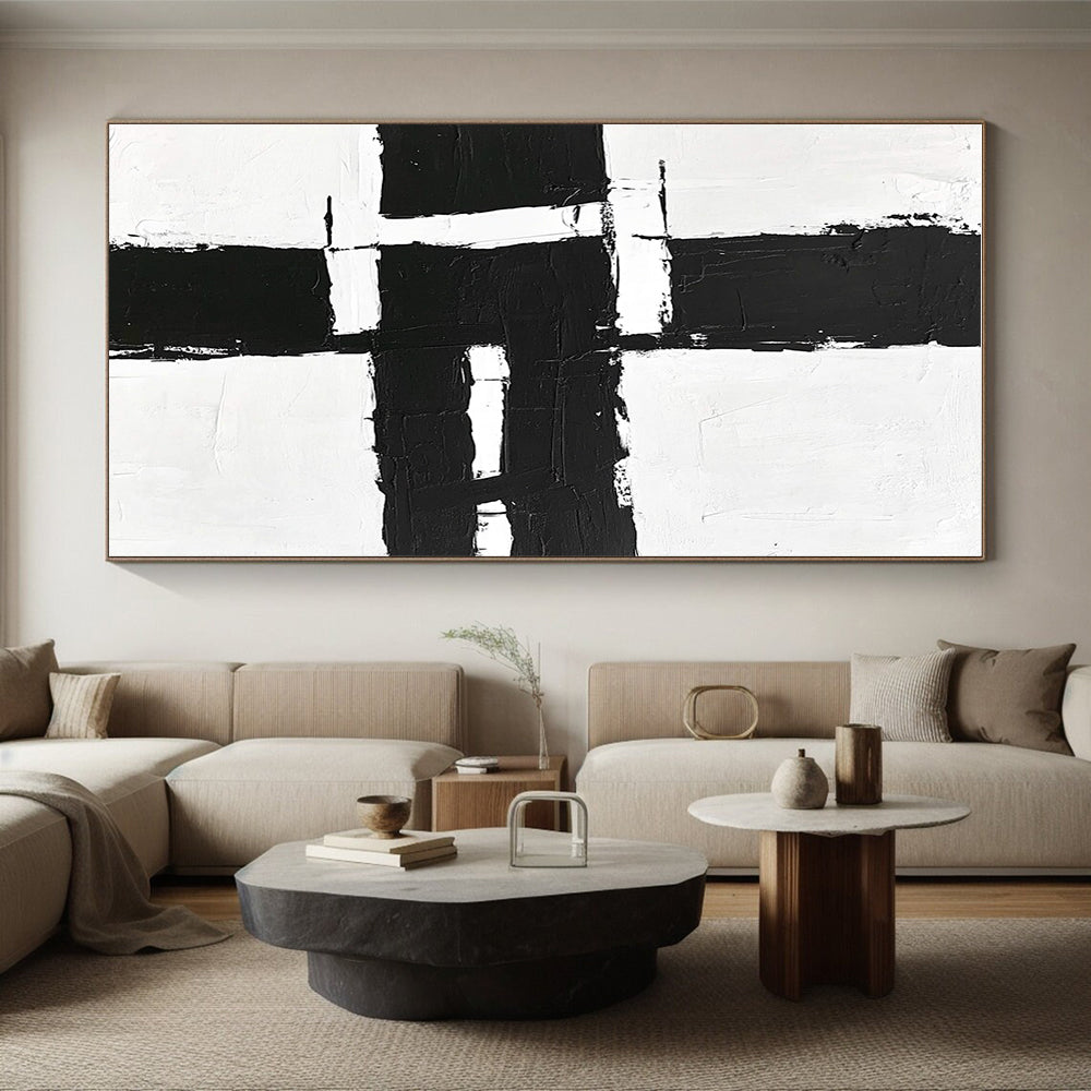 Geometric Black and White Abstract Painting with Structured Clarity WINK348