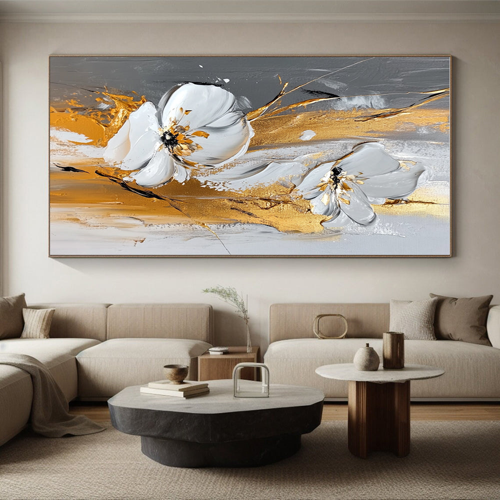 White Gold Floral Abstract Painting with Luxe Petals WINK603
