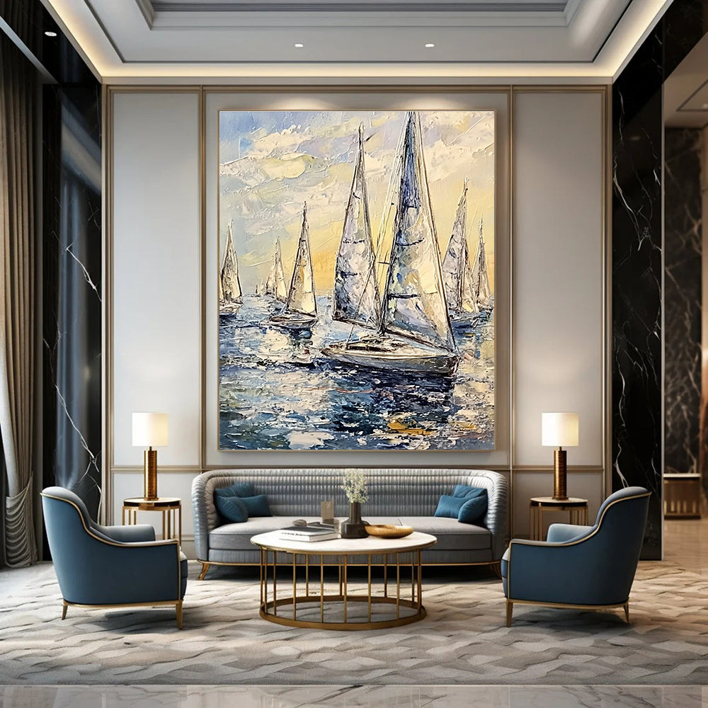 Fleet of Sailboats on Sea Vivid Abstract Painting for Energetic Spaces GAB1464